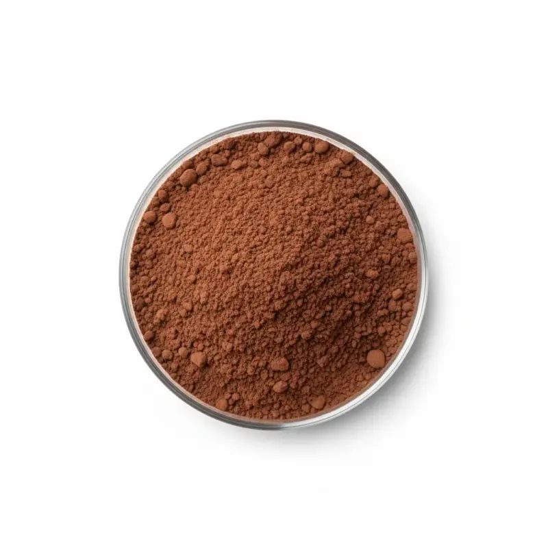 cocoa-powder-flavanol Brown cocoa powder in a glass petri dish