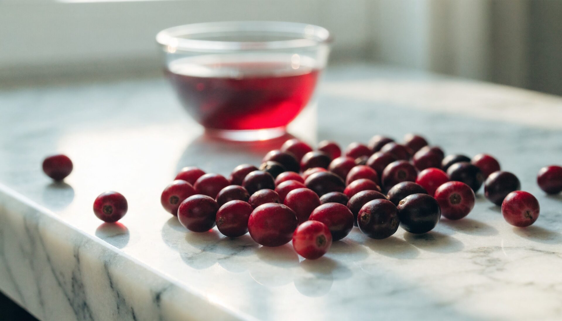 Fresh whole cranberries and cranberry juice, editorial food photography