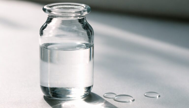 Clear glycerin liquid in a glass bottle