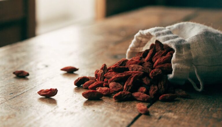Dried goji berries on a rustic wooden table, editorial food photography