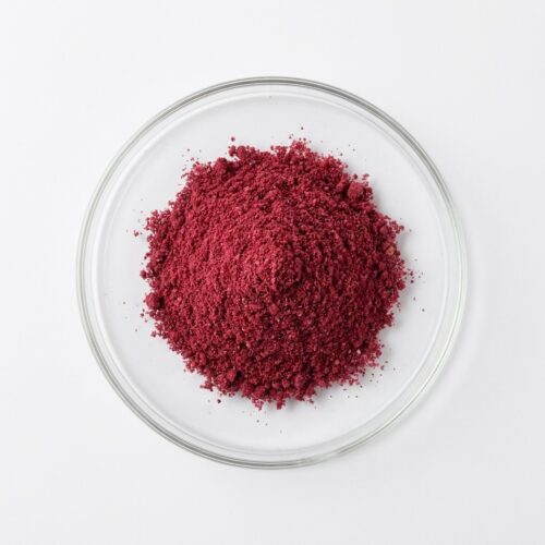 PSD Pomegranate - Natural Pomegranate Juice Powder Dark red pomegranate fruit powder in a glass petri dish