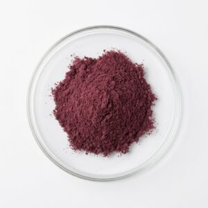 Dark plum fruit powder in a glass petri dish