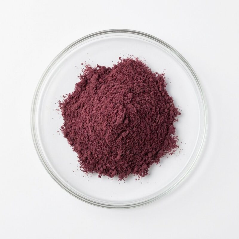 Sour Plum Powder - Natural Sweet-Sour Flavoring Dark plum fruit powder in a glass petri dish