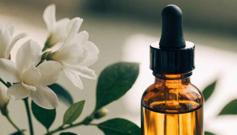 Jasmine flowers beside an essential oil dropper bottle