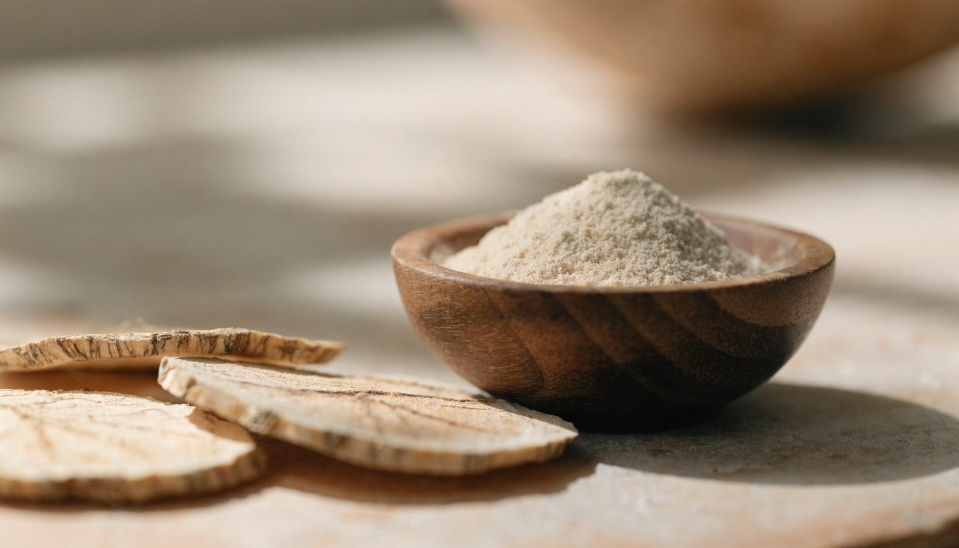 Dried maca root slices and maca powder, editorial food photography