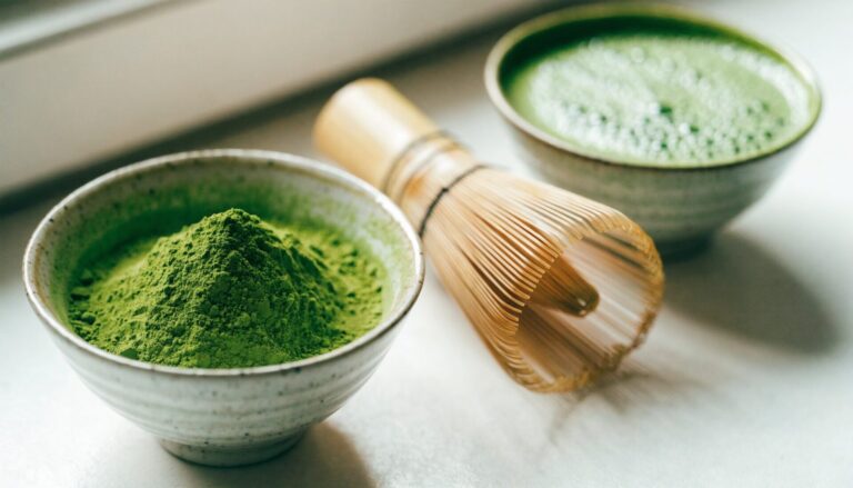 Vivid green matcha powder with whisk and matcha latte, editorial food photography