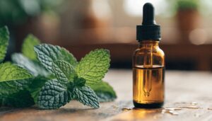 Peppermint leaves beside an essential oil dropper bottle