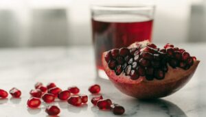 Halved pomegranate with glistening red arils, editorial food photography