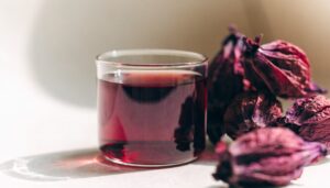 Dried roselle hibiscus flowers and hibiscus tea, editorial food photography