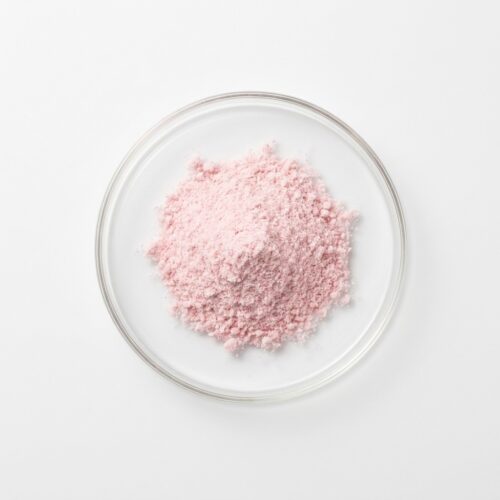 Pale pink sakura cherry blossom extract powder in a glass petri dish