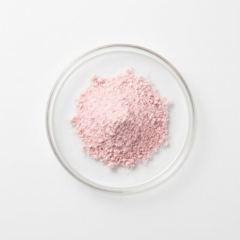 Pale pink sakura cherry blossom extract powder in a glass petri dish