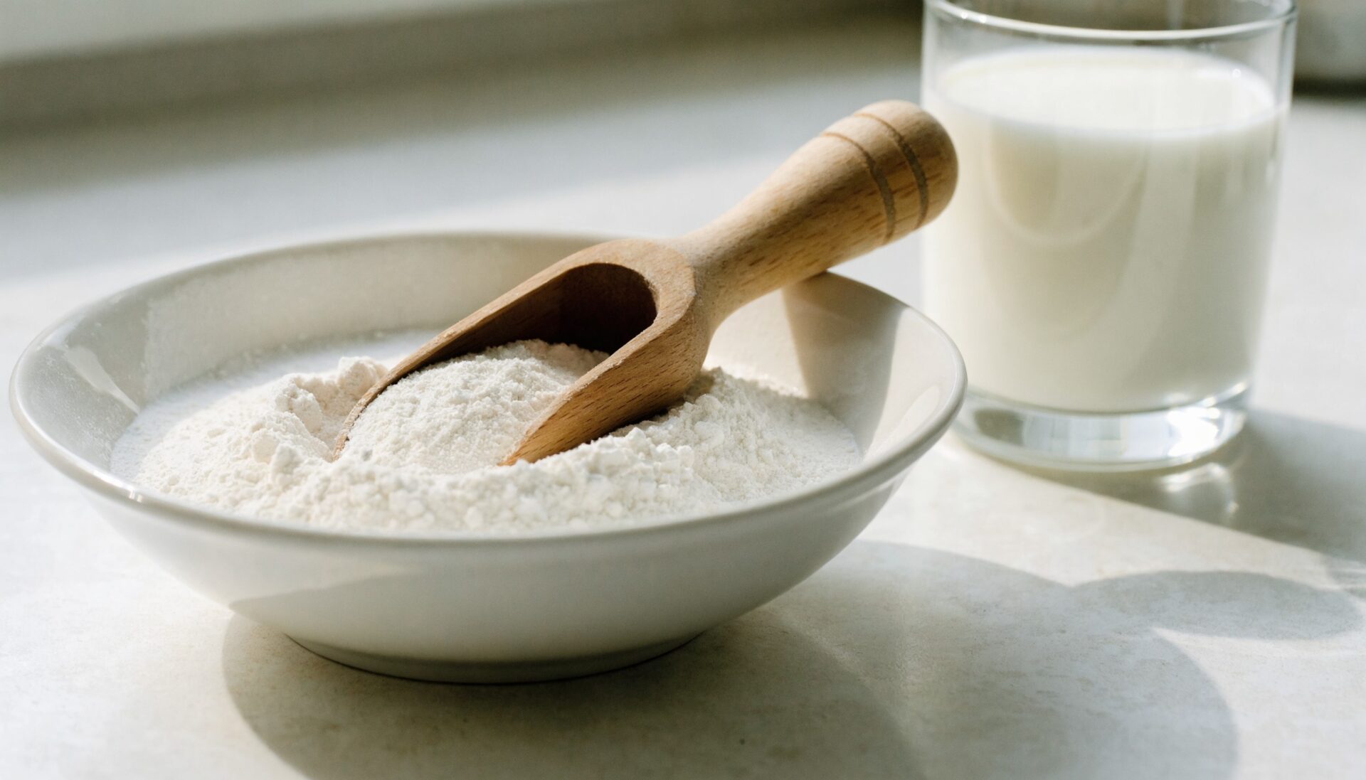 Skim milk powder in a bowl with a glass of milk