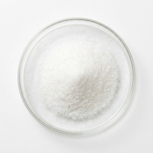 sucralose-powder Fine white crystalline sucralose sweetener powder in a glass petri dish