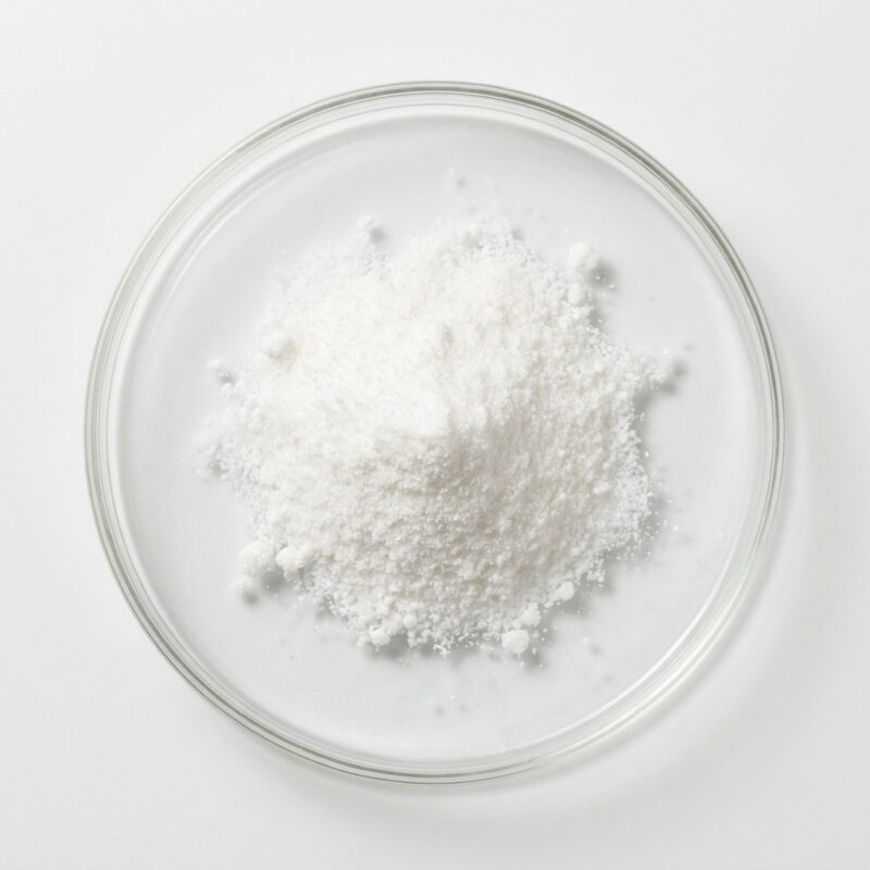 taurine-powder Fine white taurine crystalline powder in a glass petri dish