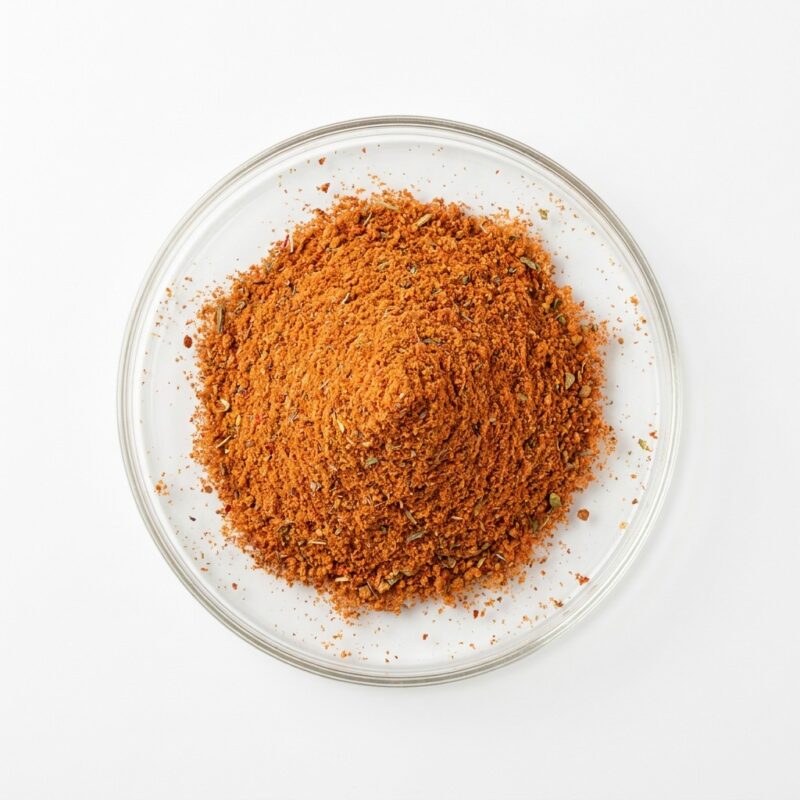 tom-yam-seasoning-powder Reddish-orange tom yam seasoning spice powder blend in a glass petri dish