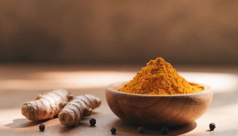 Golden turmeric powder with fresh root and black pepper, editorial food photography