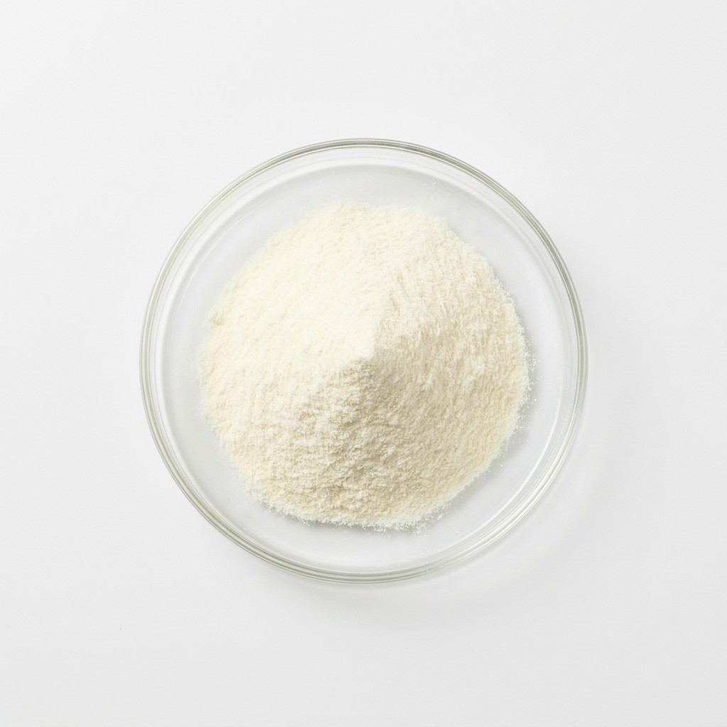 Fine cream-white whole milk powder in a glass petri dish