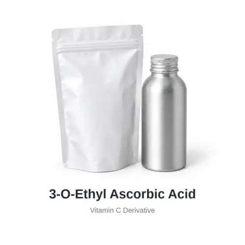 3-O-Ethyl Ascorbic Acid cosmetic ingredient, sample containers on a white background