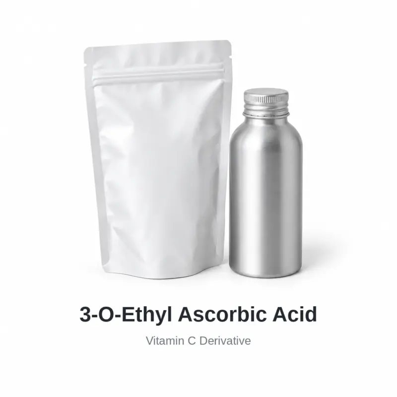 3-O-Ethyl Ascorbic Acid 3-O-Ethyl Ascorbic Acid cosmetic ingredient, sample containers on a white background