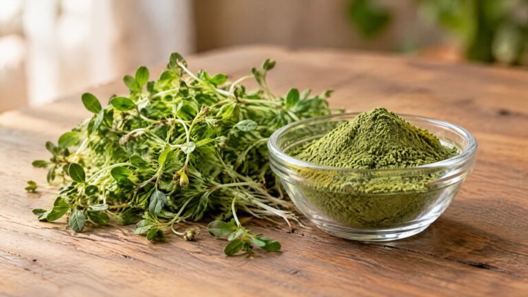 Fresh alfalfa beside alfalfa extract powder