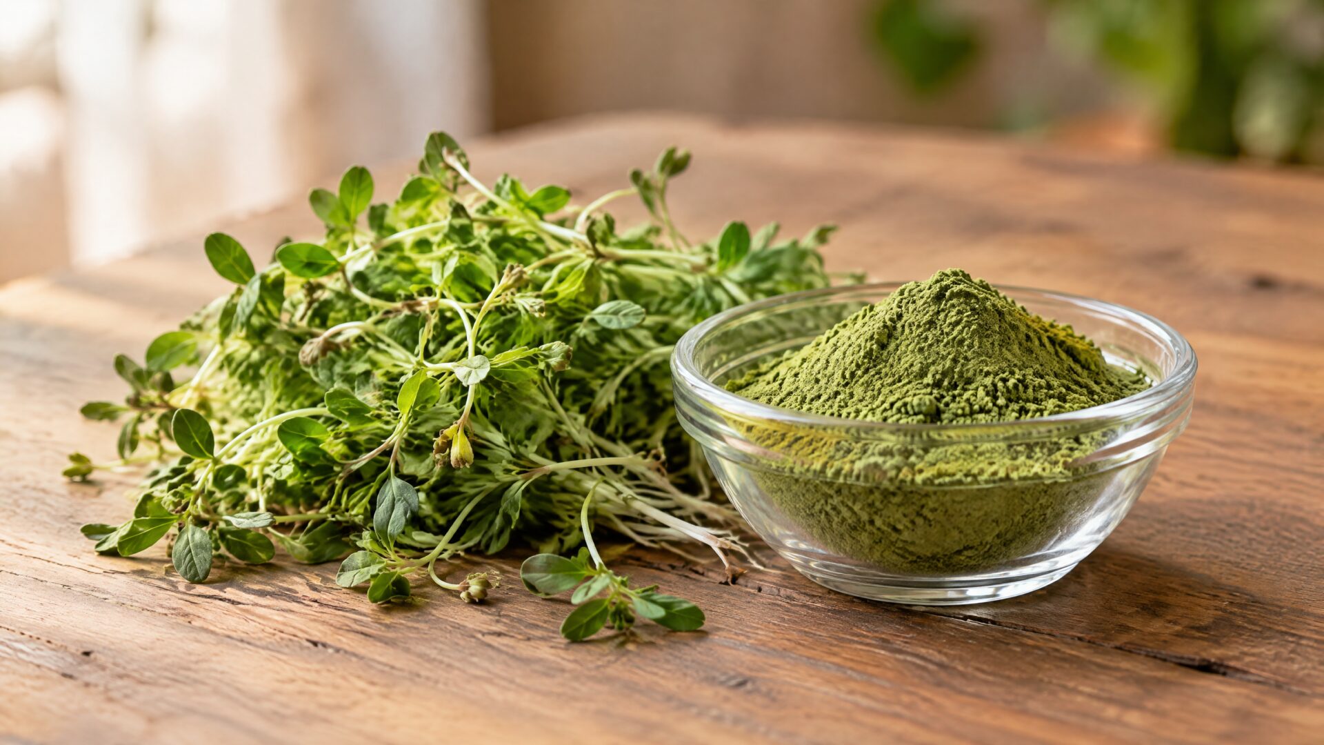 Fresh alfalfa beside alfalfa extract powder