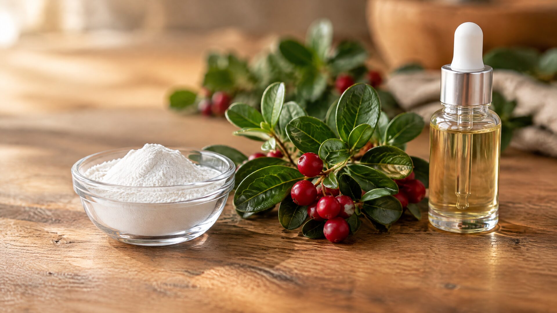 Alpha arbutin powder beside bearberry leaves and serum bottle