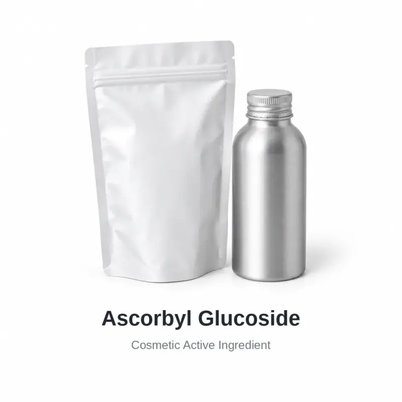 Ascorbyl Glucoside cosmetic ingredient, sample containers on a white background