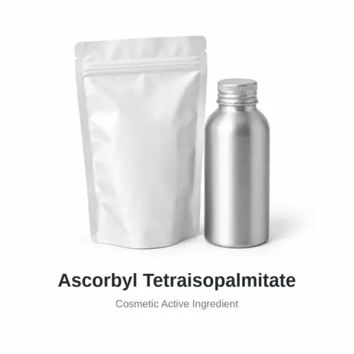 Ascorbyl Tetraisopalmitate cosmetic ingredient, sample containers on a white background