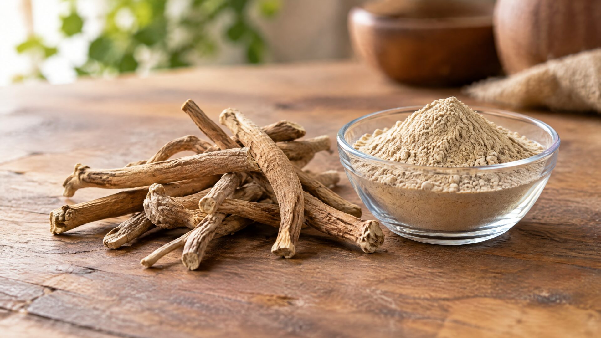 Ashwagandha roots beside ashwagandha powder