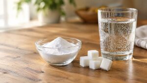 Aspartame: fine white sweetener powder beside sugar cubes and sparkling water