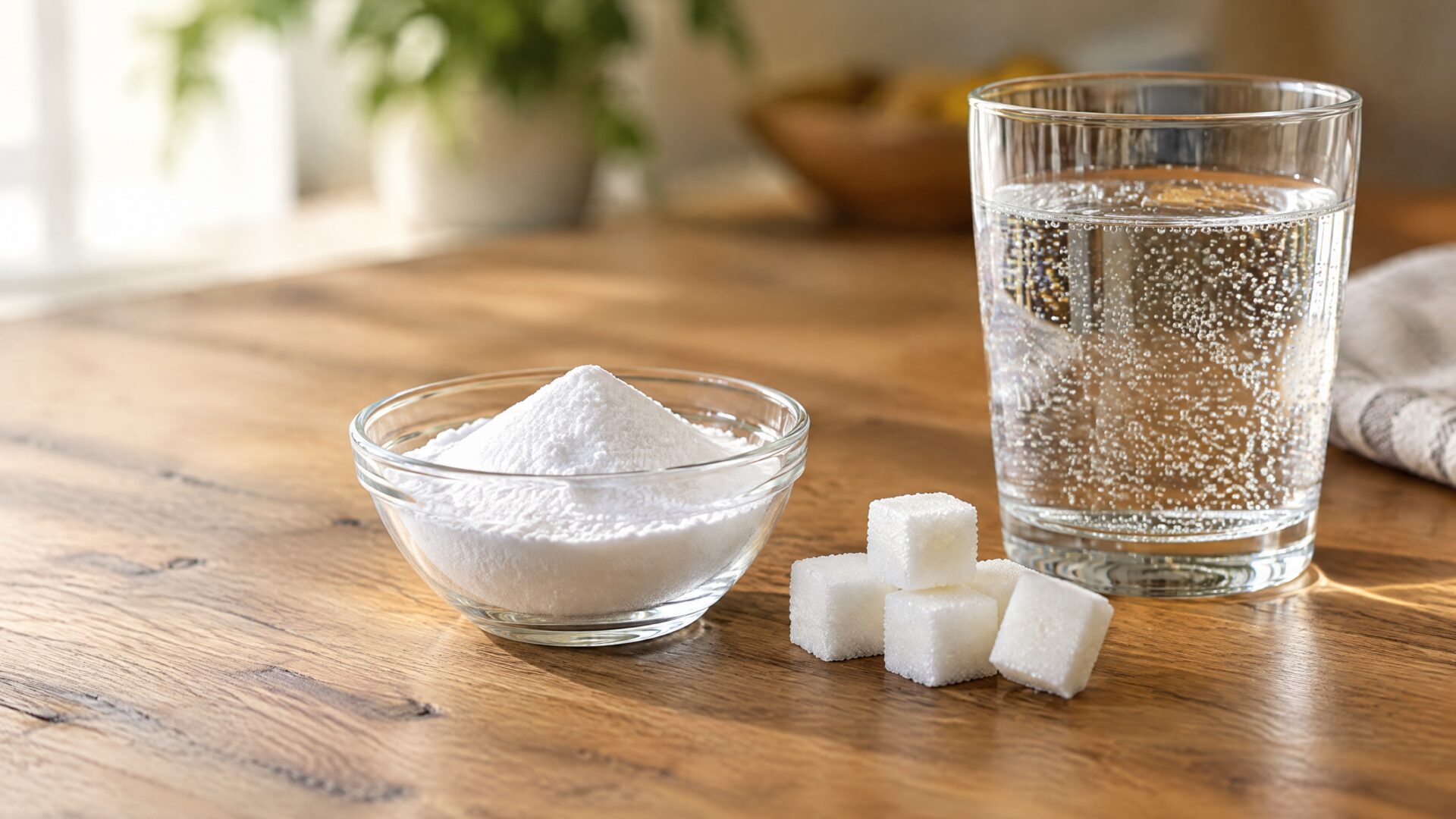 Aspartame: fine white sweetener powder beside sugar cubes and sparkling water