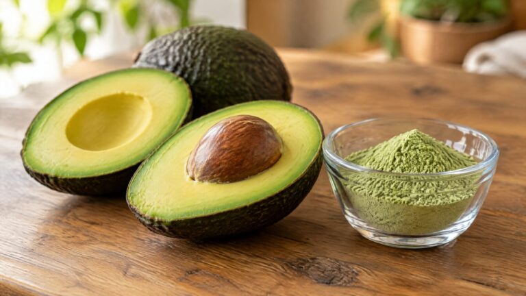 Halved avocados beside avocado powder