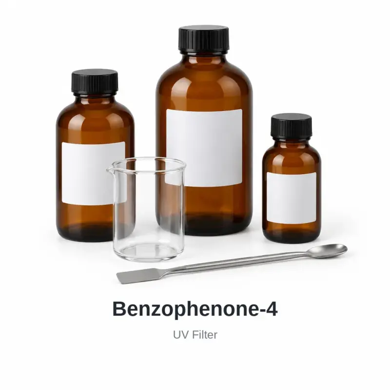 Benzophenone-4 cosmetic ingredient, sample containers on a white background
