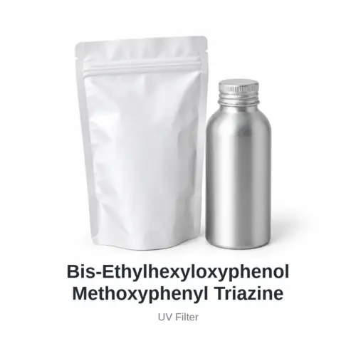 Bis-Ethylhexyloxyphenol Methoxyphenyl Triazine cosmetic ingredient, sample containers on a white background