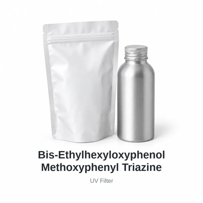 Bis-Ethylhexyloxyphenol Methoxyphenyl Triazine cosmetic ingredient, sample containers on a white background