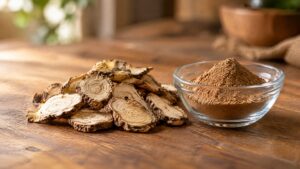 Butea superba root slices beside root powder