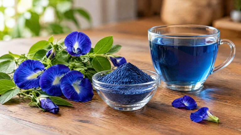 Butterfly pea flowers, powder and blue tea