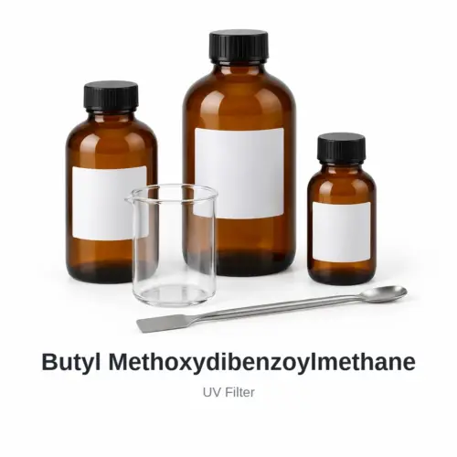 Butyl Methoxydibenzoylmethane cosmetic ingredient, sample containers on a white background