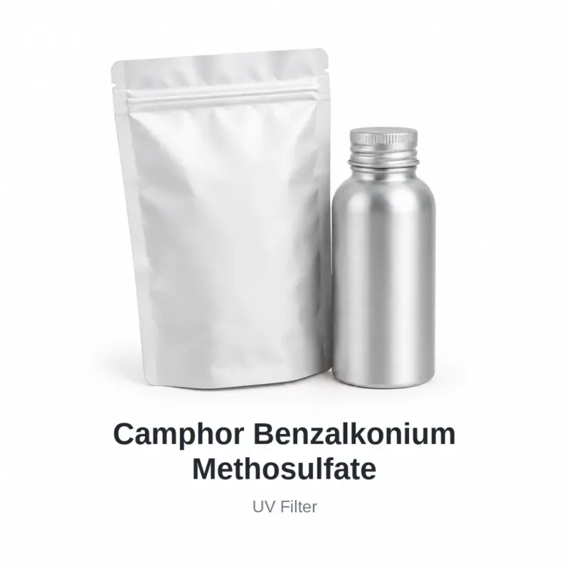 Camphor Benzalkonium Methosulfate cosmetic ingredient, sample containers on a white background