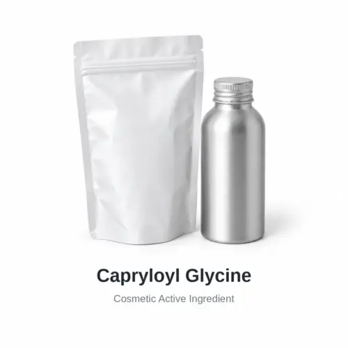 Capryloyl Glycine cosmetic ingredient, sample containers on a white background