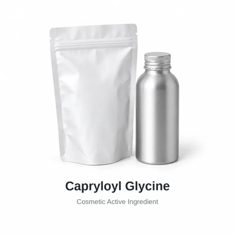 Capryloyl Glycine Capryloyl Glycine cosmetic ingredient, sample containers on a white background