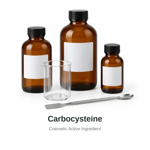 Carbocysteine cosmetic ingredient, sample containers on a white background