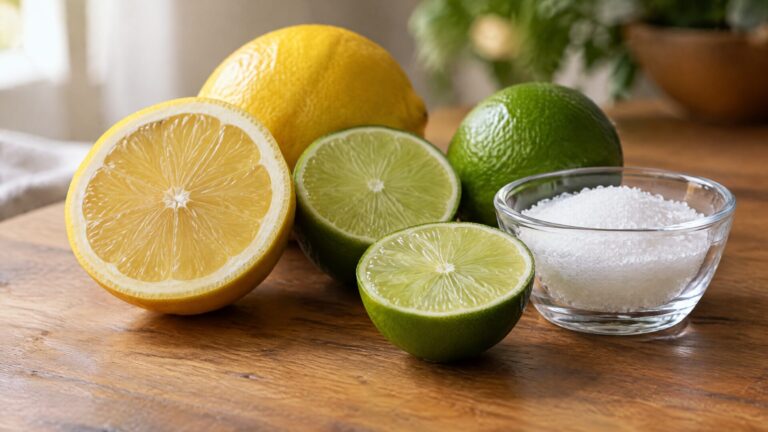 Citric acid crystals beside lemons and limes