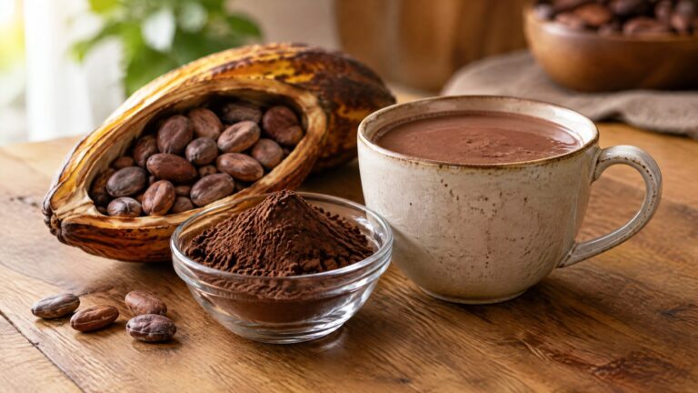 Cocoa powder beside hot chocolate and a cocoa pod