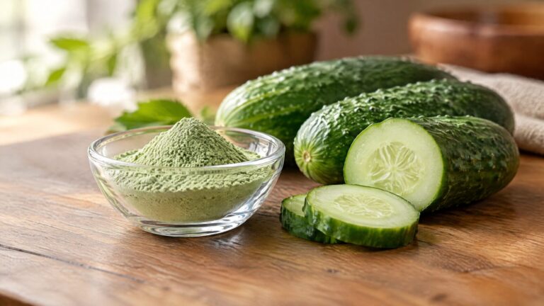 Cucumber powder beside fresh cucumbers