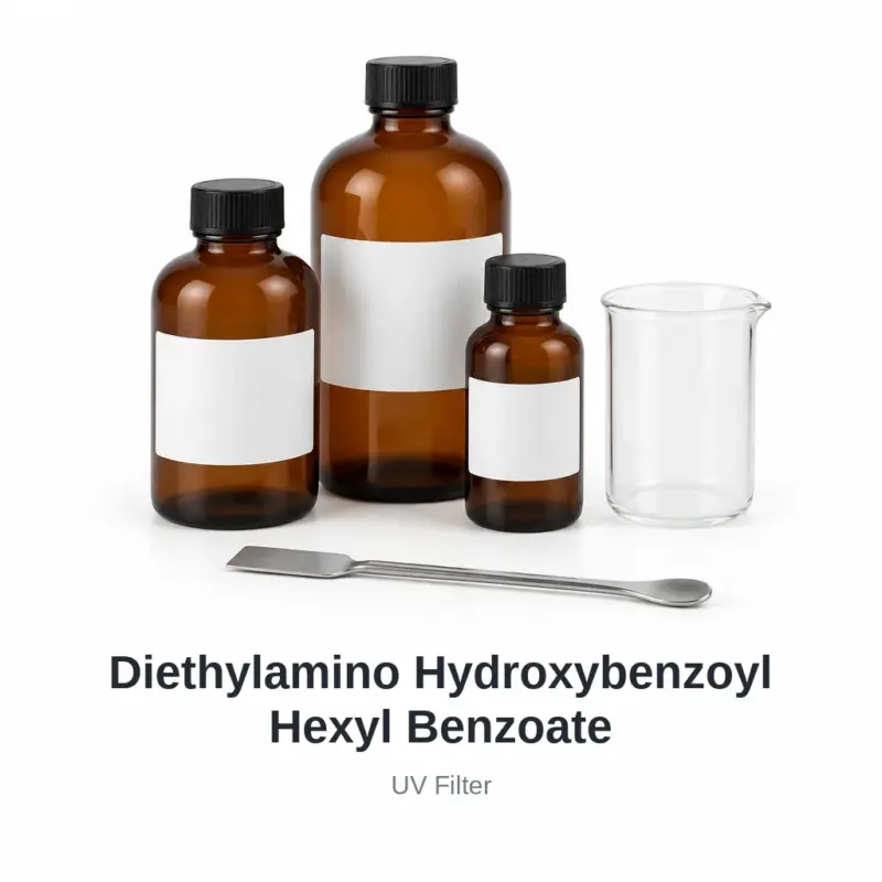 Diethylamino Hydroxybenzoyl Hexyl Benzoate cosmetic ingredient, sample containers on a white background