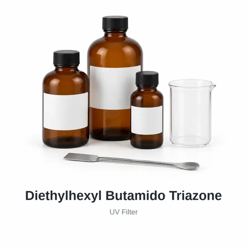 Diethylhexyl Butamido Triazone cosmetic ingredient, sample containers on a white background