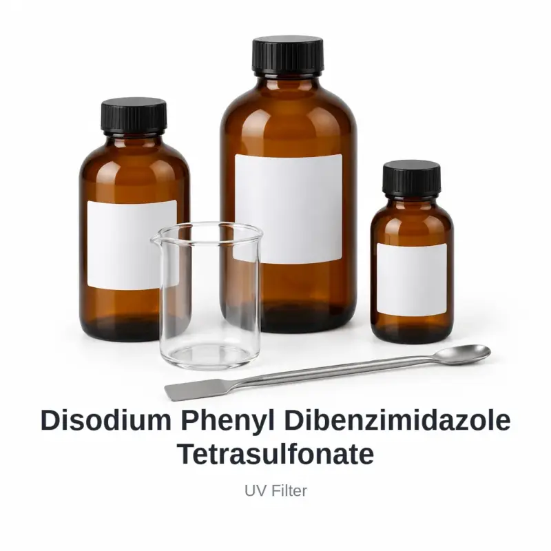 Disodium Phenyl Dibenzimidazole Tetrasulfonate cosmetic ingredient, sample containers on a white background