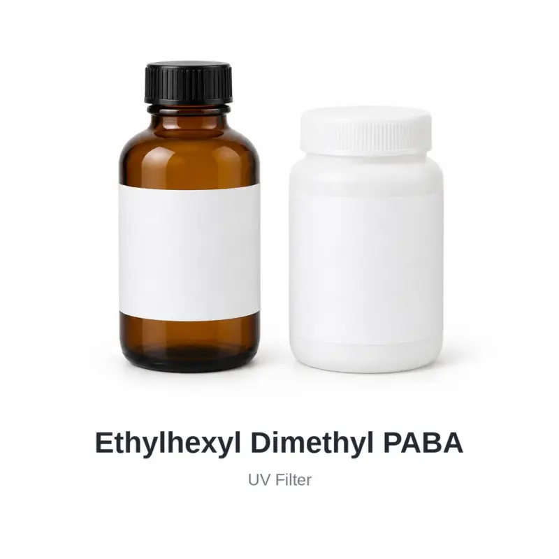 Ethylhexyl Dimethyl PABA cosmetic ingredient, sample containers on a white background