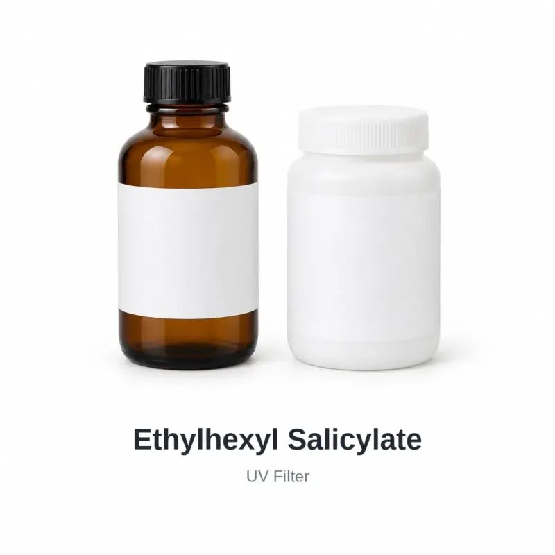 Ethylhexyl Salicylate cosmetic ingredient, sample containers on a white background